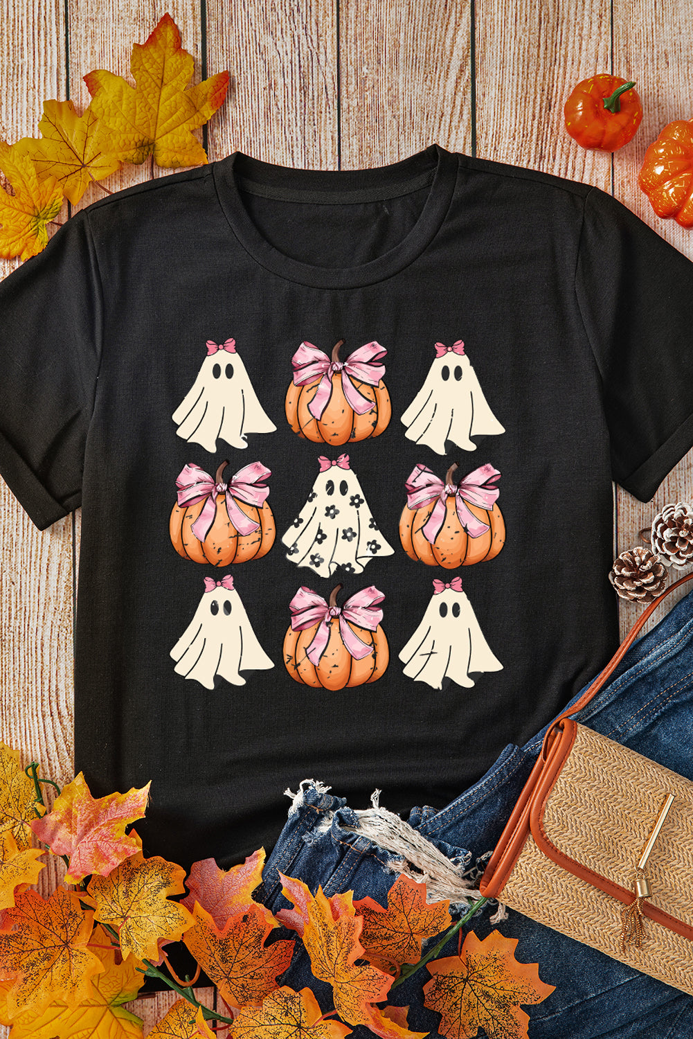 Black Bowknot Ghost Pumpkin Graphic Halloween T Shirt Graphic Tees JT's Designer Fashion