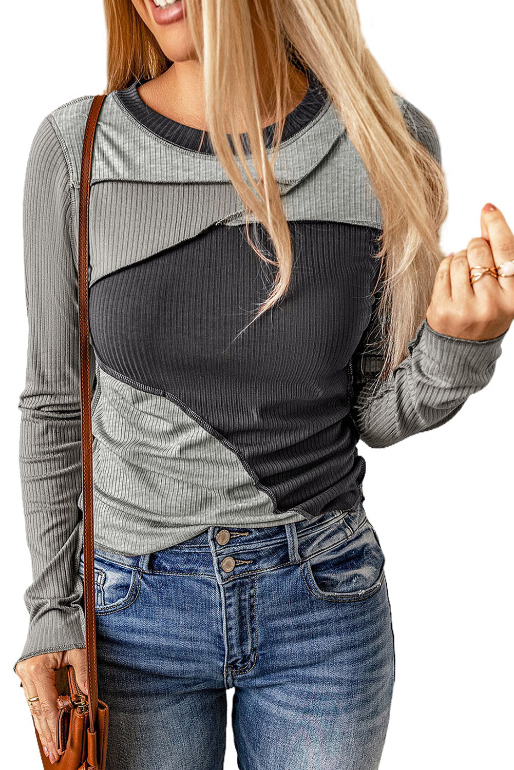 Gray Expose Seam Color Block Ribbed Knit Top Long Sleeve Tops JT's Designer Fashion