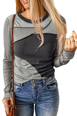 Gray Expose Seam Color Block Ribbed Knit Top Long Sleeve Tops JT's Designer Fashion