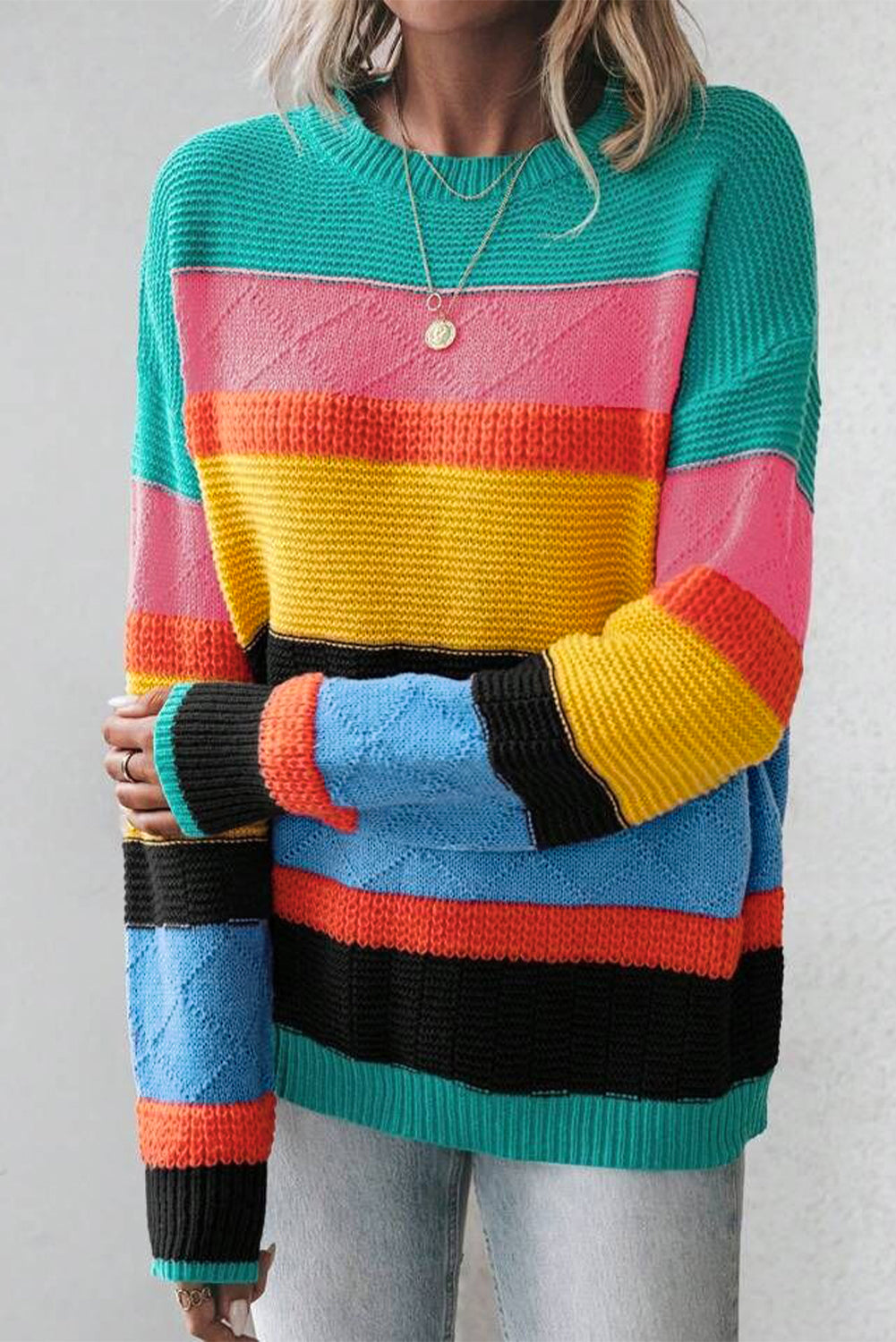 Yellow Colorblock Mixed Textured Drop Shoulder Sweater Sweaters JT's Designer Fashion