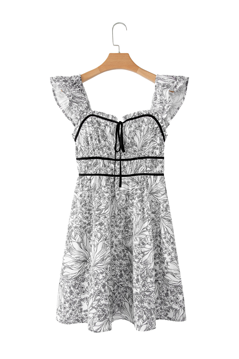 White Floral Print Pipping Trim Flutter Sleeve Mini Dress Floral Dresses JT's Designer Fashion