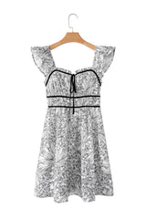 White Floral Print Pipping Trim Flutter Sleeve Mini Dress Floral Dresses JT's Designer Fashion