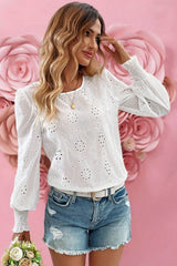 White Eyelet Embroidered Smocked Cuff Sheer Blouse Blouses & Shirts JT's Designer Fashion