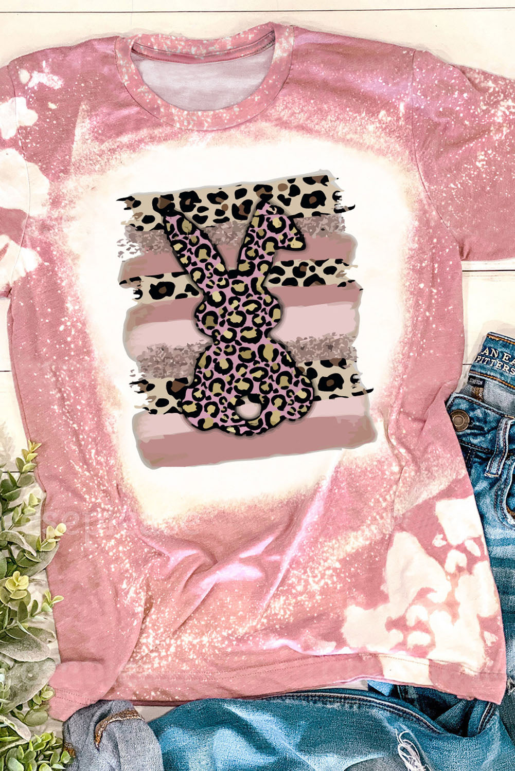 Pink Tie Dye Contrast Leopard Rabbit Graphic T Shirt Graphic Tees JT's Designer Fashion