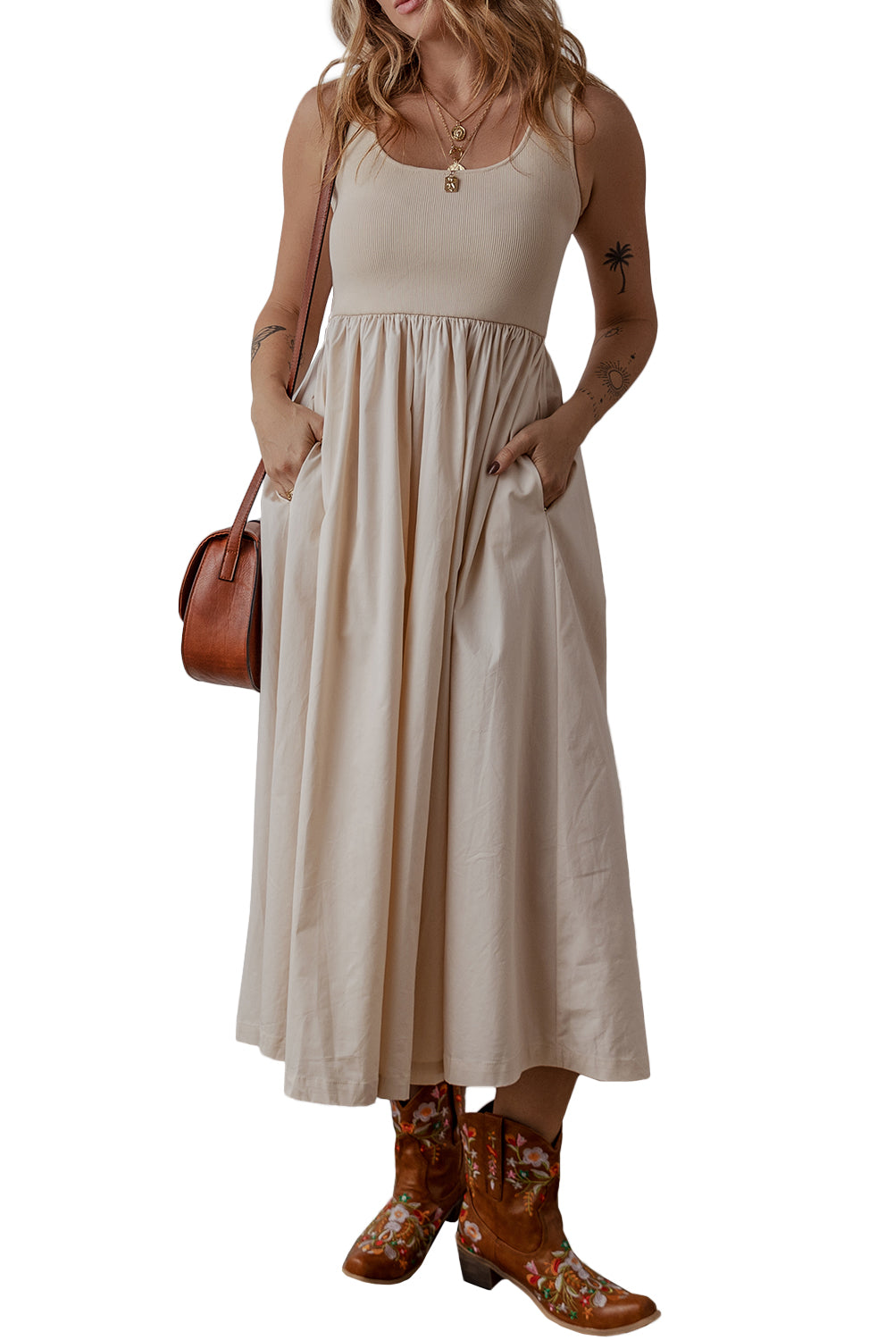 Beige Scoop Neck Ribbed Bodice Pleated Sleeveless Long Dress Maxi Dresses JT's Designer Fashion