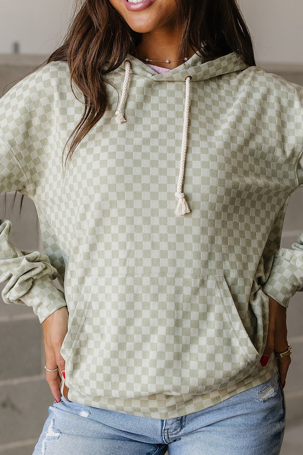 Green Checkered Print Kangaroo Pocket Drawstring Hoodie Sweatshirts & Hoodies JT's Designer Fashion