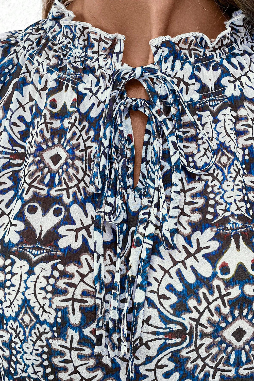 Blue Tribal Print Lace-up Frilled Neck Puff Sleeve Blouse Blouses & Shirts JT's Designer Fashion