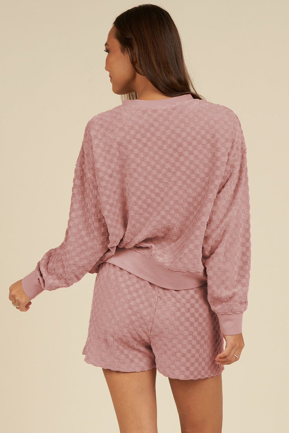 Blossom Checkered Textured Long Sleeve Top and Shorts Set Short Sets JT's Designer Fashion