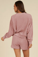 Blossom Checkered Textured Long Sleeve Top and Shorts Set Short Sets JT's Designer Fashion