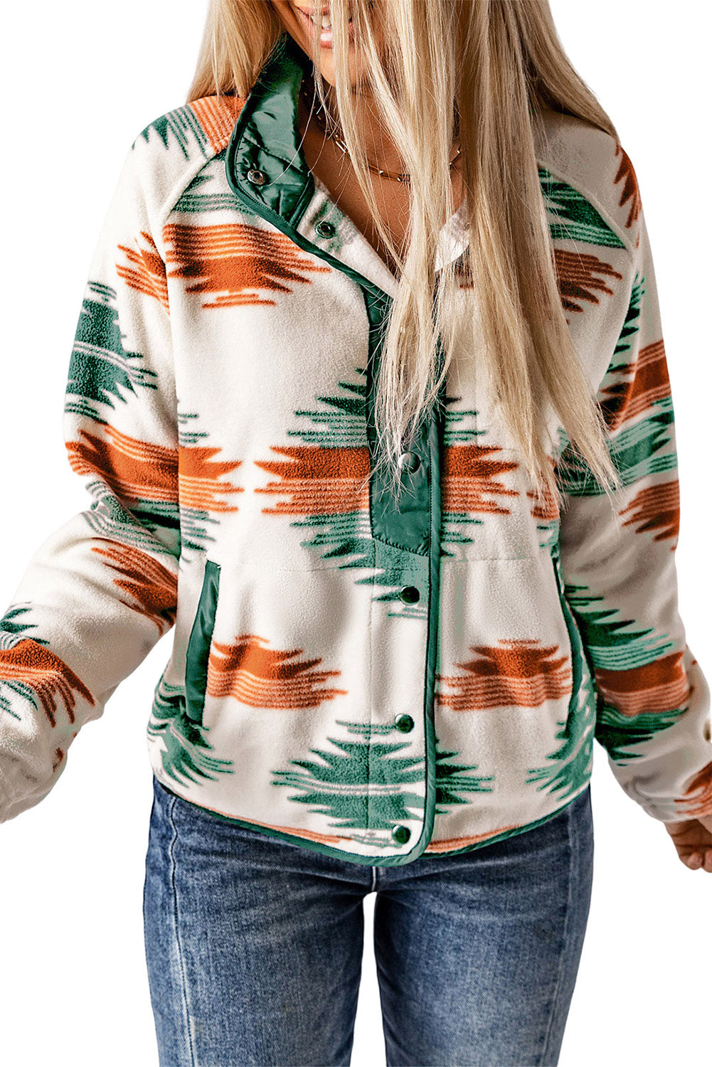 Multicolour Western Aztec Snap Buttoned Fleece Jacket Jackets JT's Designer Fashion