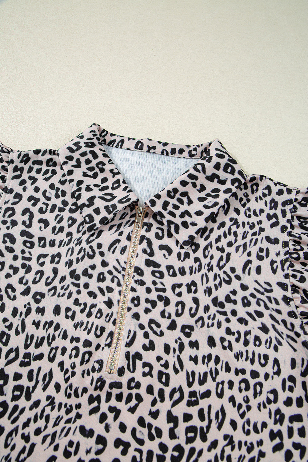 Brown Leopard Half Zipper Collared Ruffled Sleeve Top and Short Set Short Sets JT's Designer Fashion