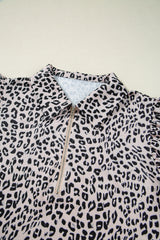 Brown Leopard Half Zipper Collared Ruffled Sleeve Top and Short Set Short Sets JT's Designer Fashion