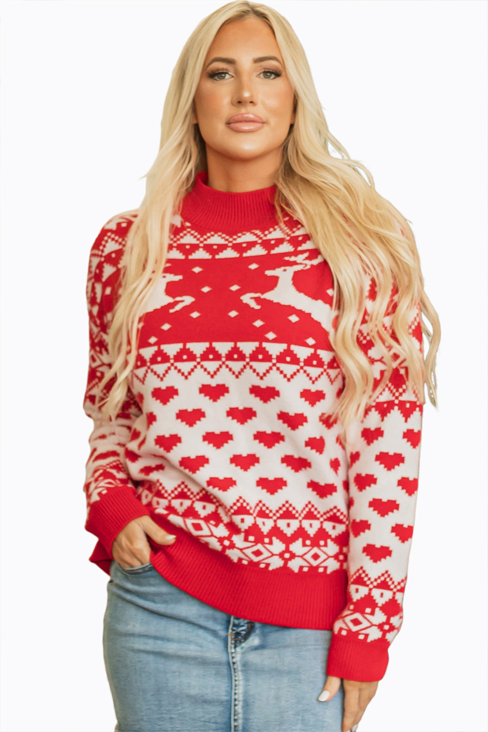 Fiery Red Merry Christmas Reindeer Heart Pattern High Neck Sweater Sweaters JT's Designer Fashion