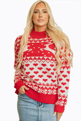 Fiery Red Merry Christmas Reindeer Heart Pattern High Neck Sweater Sweaters JT's Designer Fashion