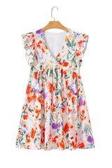 Pink Floral Double Ruffle Sleeve V Neck High Waist Mini Dress Floral Dresses JT's Designer Fashion