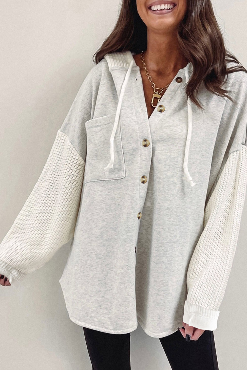 Gray Button Up Contrast Knitted Sleeves Hooded Jacket Jackets JT's Designer Fashion