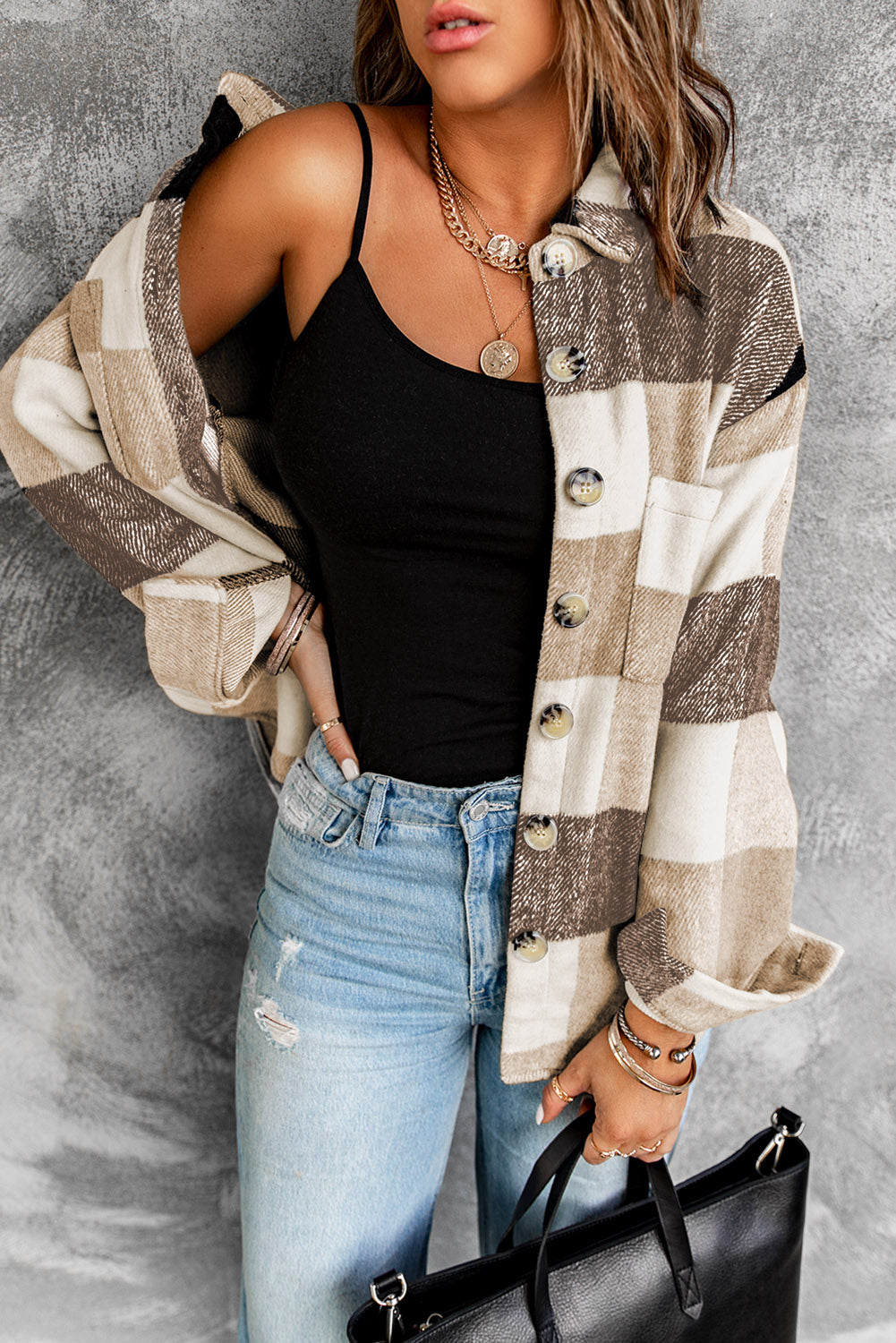 Khaki Plaid Color Block Buttoned Long Sleeve Jacket with Pocket Plaid Shackets JT's Designer Fashion