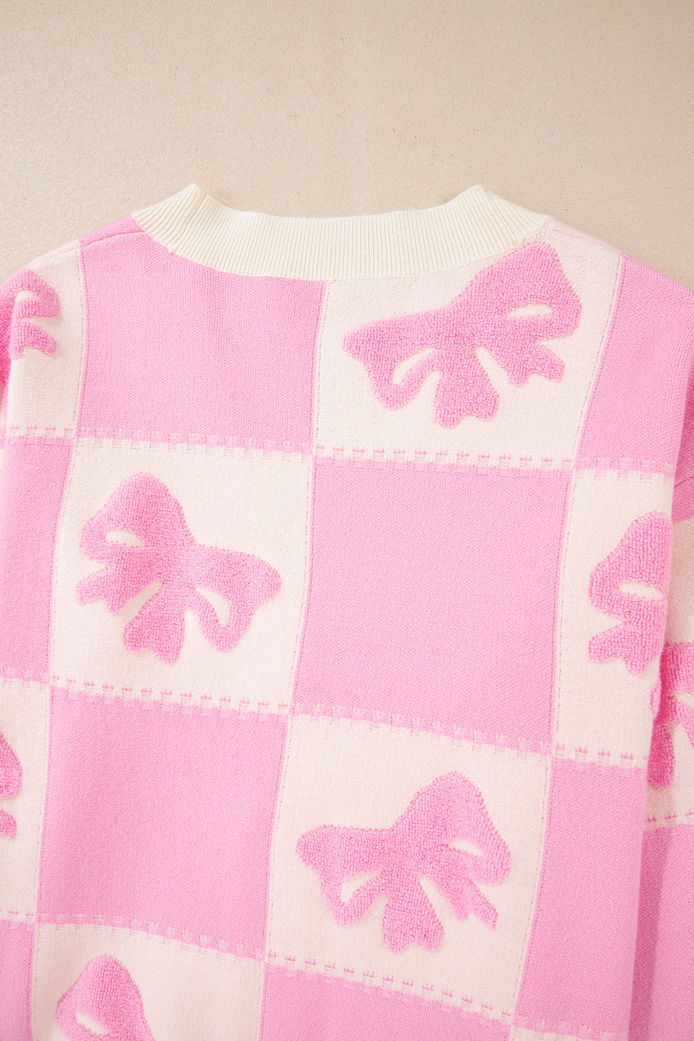 Pink Bowknot Checkered Pattern V Neck Drop Shoulder Button Up Cardigan Cardigans JT's Designer Fashion