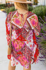Rose Mixed Floral Long Sleeve V Neck Lace-up Hollowed Back Plus Size Dress Plus Size Mini Dresses JT's Designer Fashion