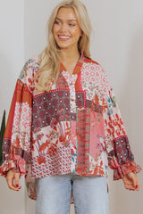 Red Boho Geometric Mixed Print Patchwork Bubble Sleeve Shirt Blouses & Shirts JT's Designer Fashion