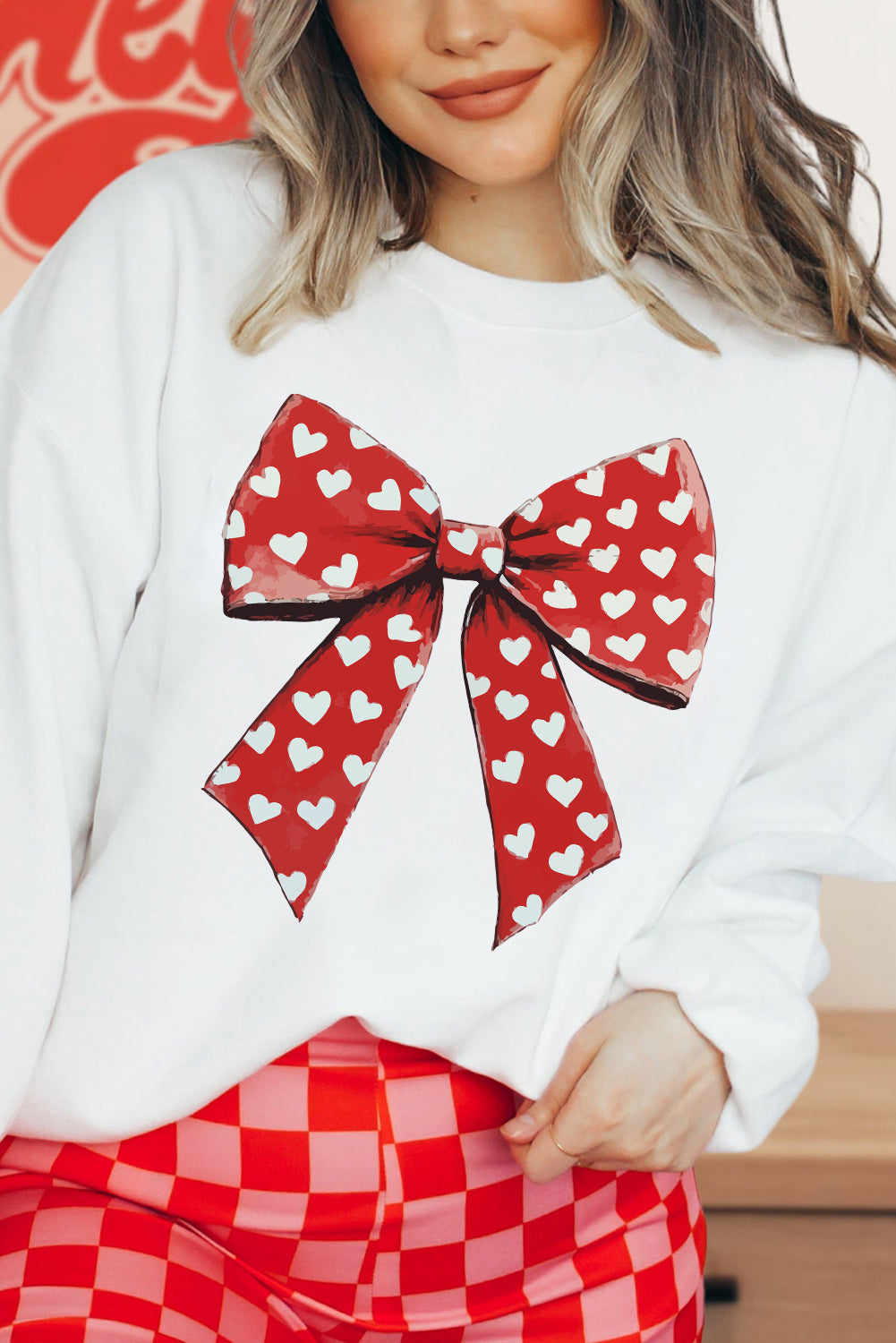 White Heart Bow Printed Round Neck Valentines Pullover Sweatshirt Graphic Sweatshirts JT's Designer Fashion