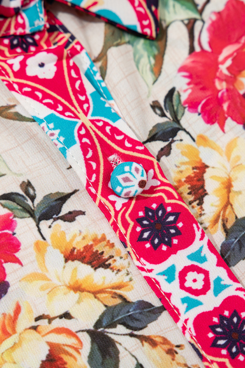 Rose Floral Mixed Pattern Ruffle Flutter Sleeve Buttoned Dress Floral Dresses JT's Designer Fashion