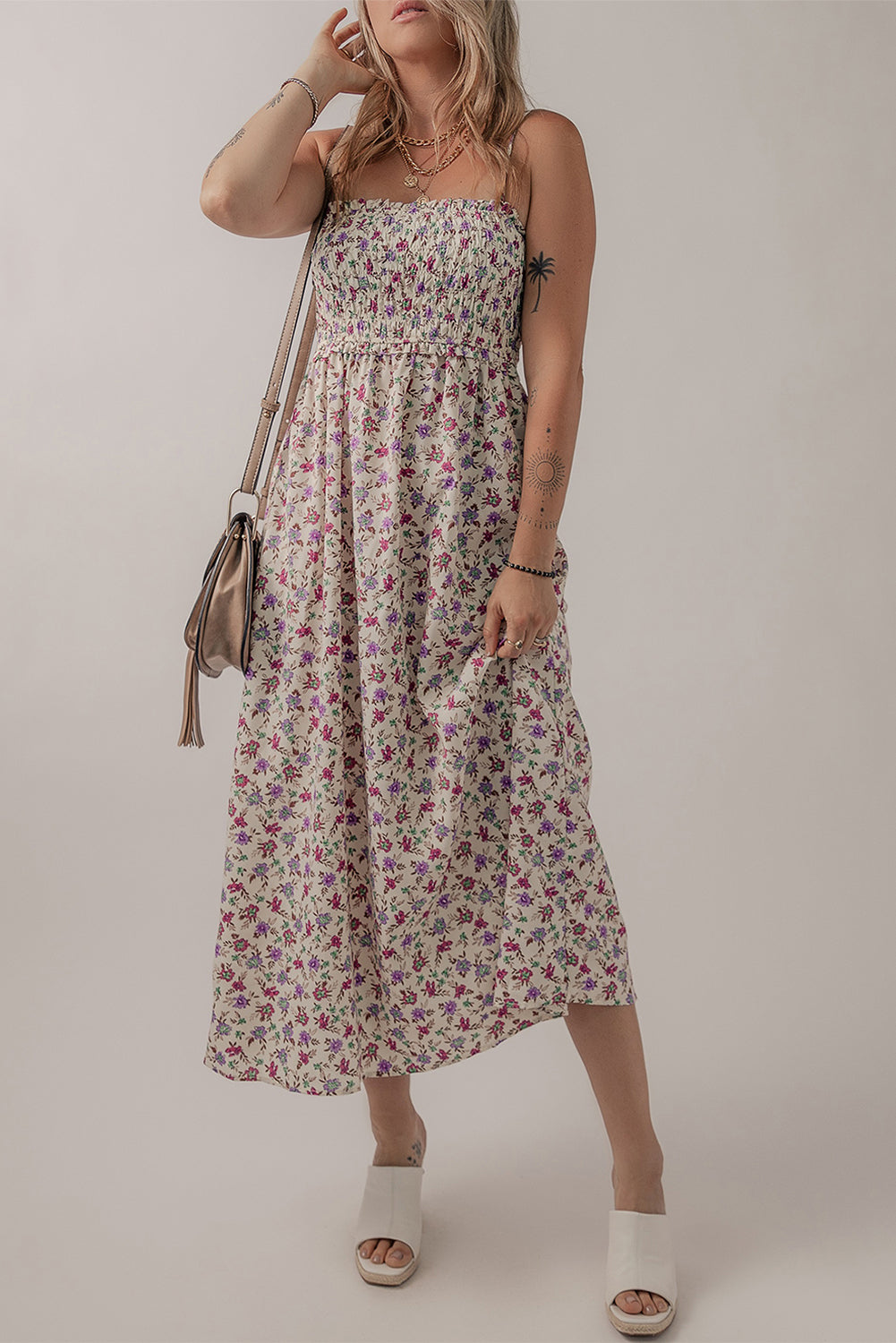 Multicolour Bohemian Ditsy Floral Smocked Fit Flare Sundress Floral Dresses JT's Designer Fashion