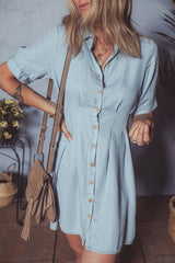 Myosotis Denim Pleated Slim Waist Short Sleeve Shirt Dress Dresses JT's Designer Fashion