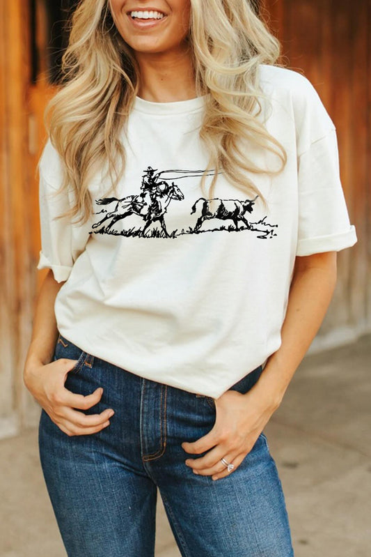 White Western Rodeo Graphic Casual T Shirt Graphic Tees JT's Designer Fashion