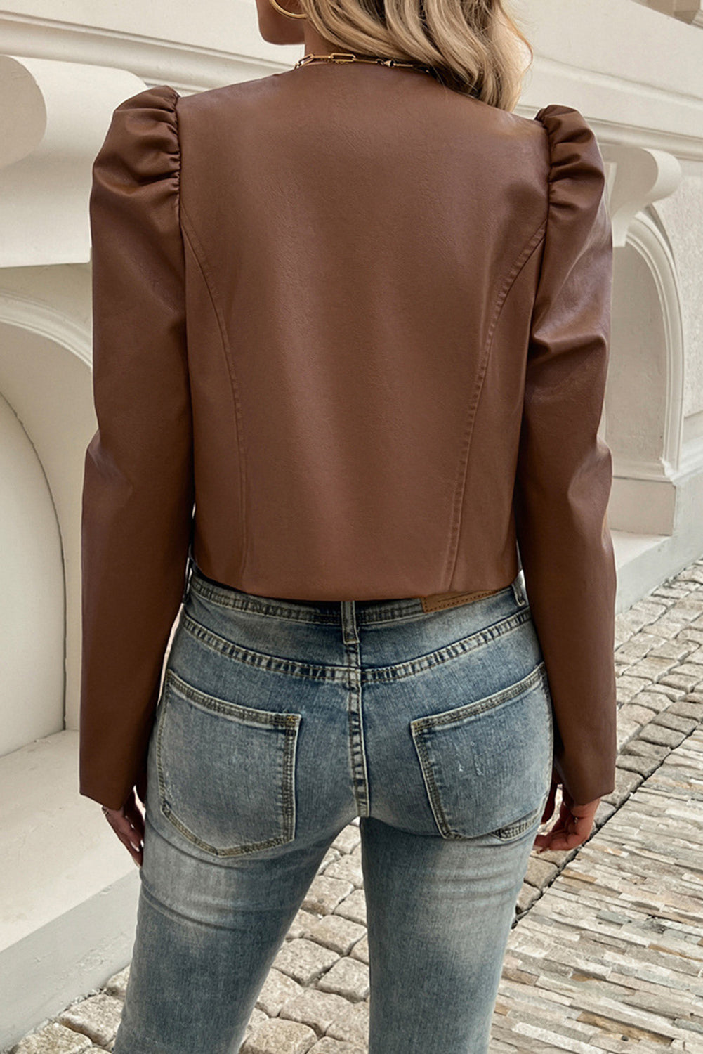 Camel Faux Leather Gigot Sleeve Open Front Jacket Jackets JT's Designer Fashion