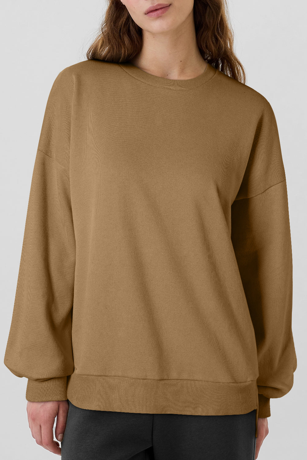 Camel Solid Fleece Lined Drop Shoulder High Low Sweatshirt Sweatshirts & Hoodies JT's Designer Fashion
