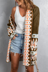 Brown Aztec Print Open Front Knitted Cardigan Sweaters & Cardigans JT's Designer Fashion