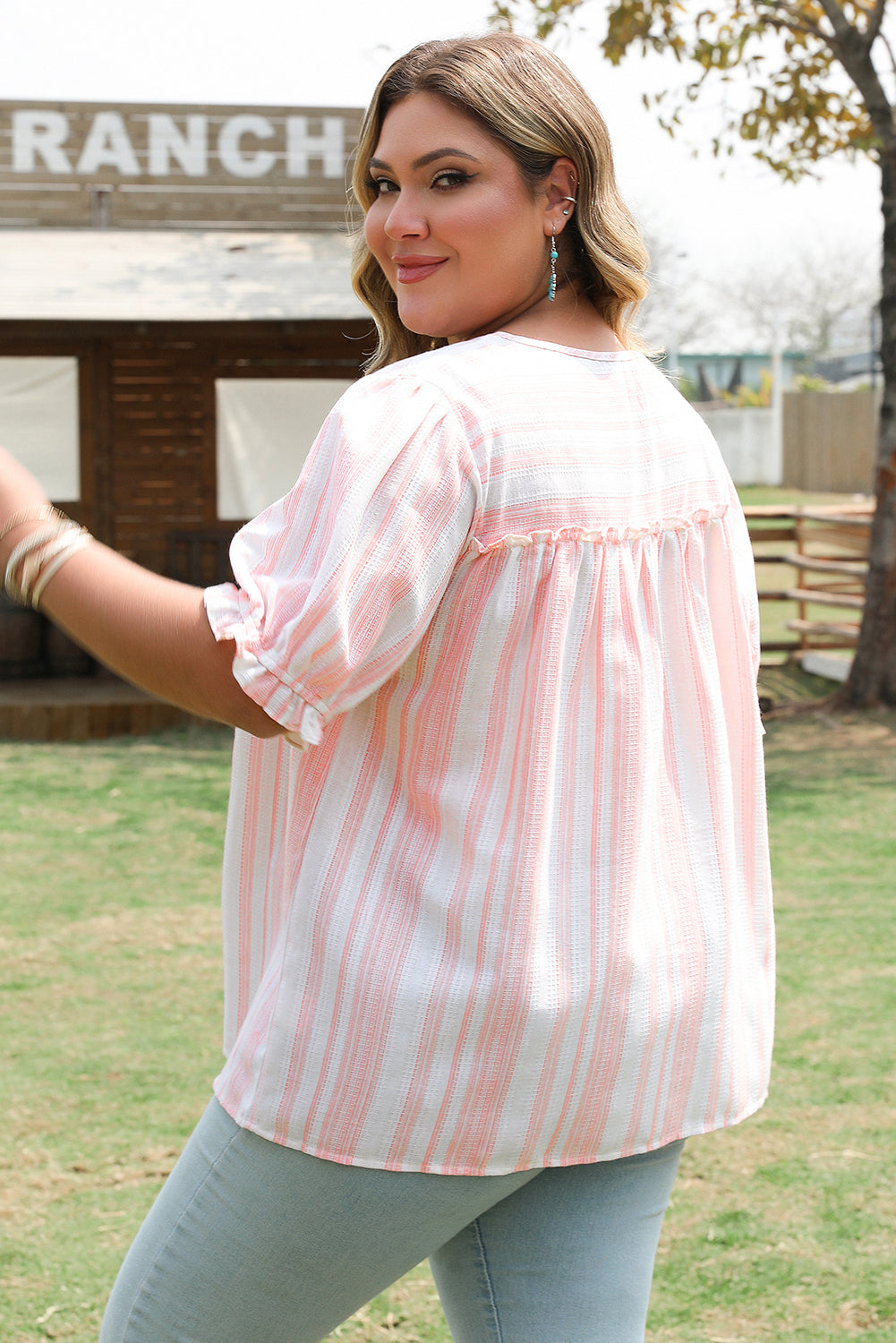 Pink Stripe Plus Size Tassel Tie Frilled Detail Short Sleeve Blouse Plus Size Blouses & Shirts JT's Designer Fashion