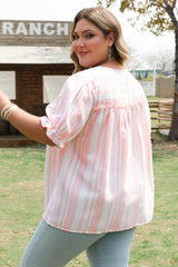 Pink Stripe Plus Size Tassel Tie Frilled Detail Short Sleeve Blouse Plus Size Blouses & Shirts JT's Designer Fashion