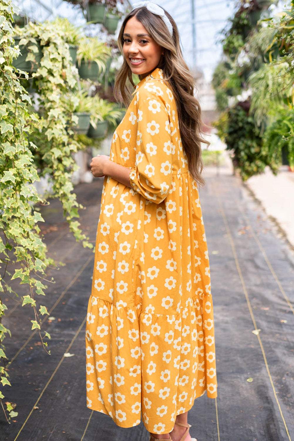 Yellow Flower Print Bracelet Sleeve Buttons Collared Long Dress Maxi Dresses JT's Designer Fashion