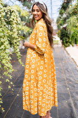 Yellow Flower Print Bracelet Sleeve Buttons Collared Long Dress Maxi Dresses JT's Designer Fashion