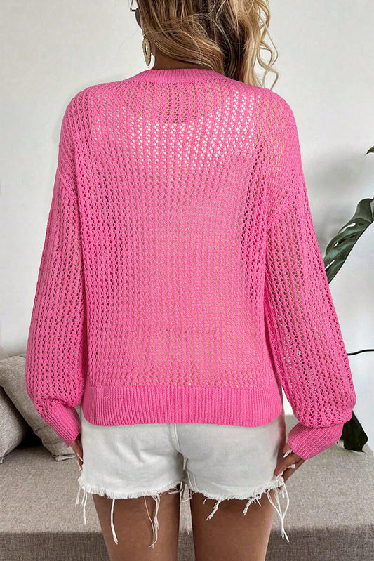 Sachet Pink Sweet Bow Decor Hollow Out Knitted Drop Shoulder Sweater Sweaters JT's Designer Fashion