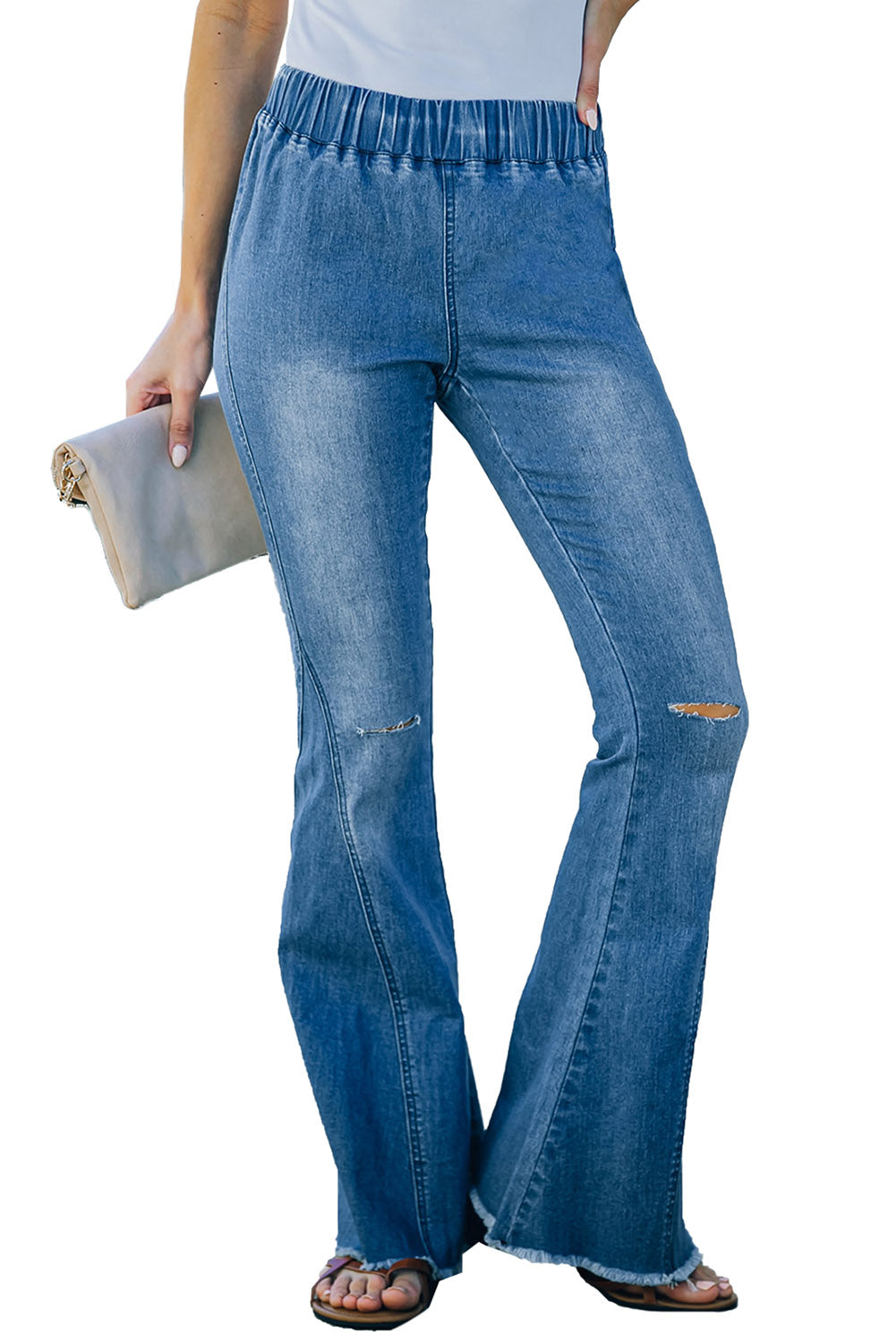 Sky Blue Distressed Bell Bottom Denim Pants Jeans JT's Designer Fashion