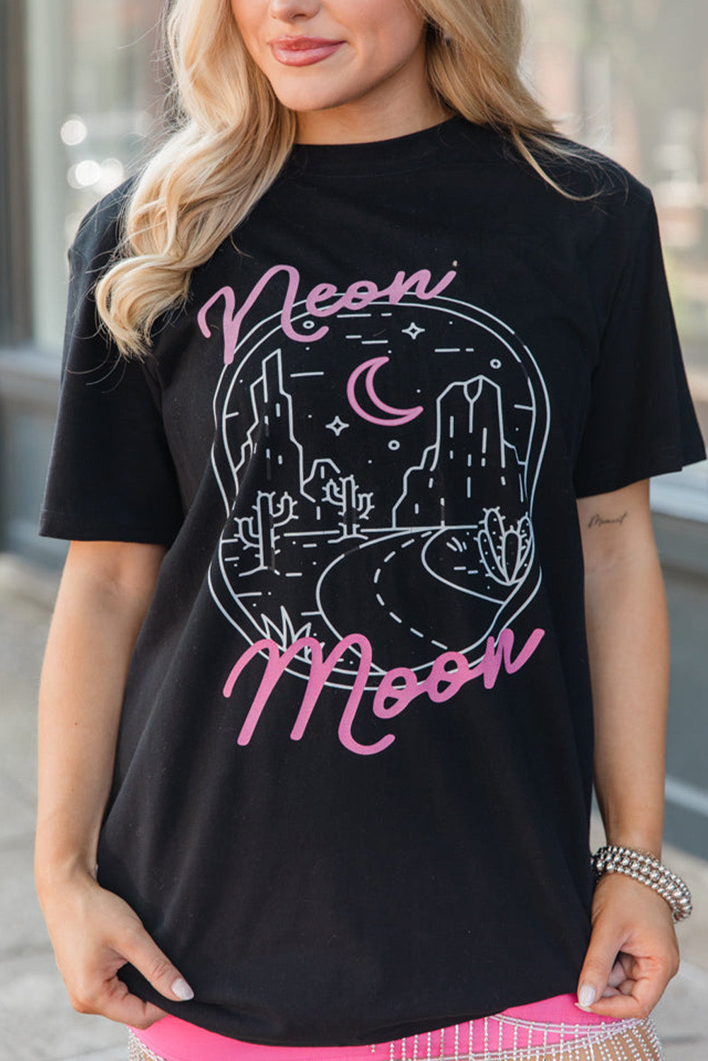 Black neon moon Letter Graphic Short Sleeve Top Graphic Tees JT's Designer Fashion