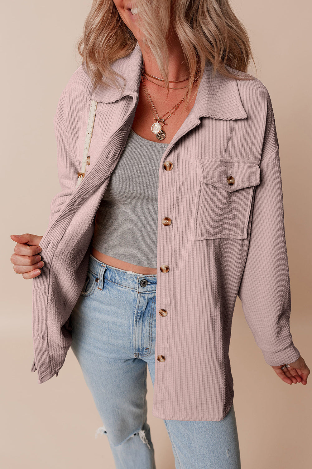 Light Pink Corduroy Flap Pocket Button Up Shacket Jackets JT's Designer Fashion