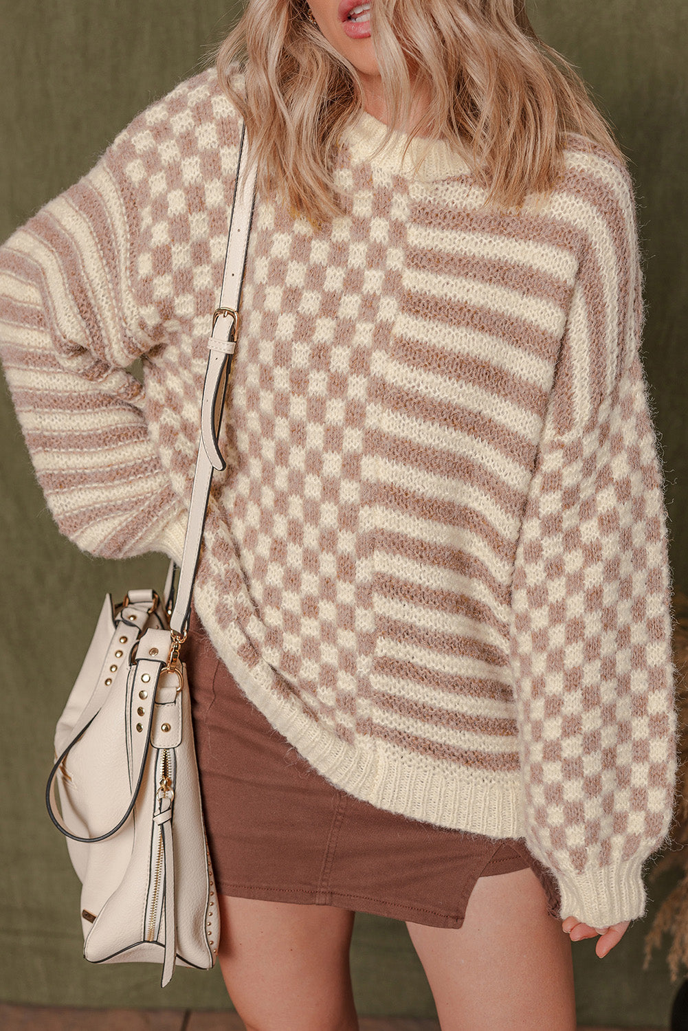 Khaki Stripe Checkerboard Drop Shoulder Balloon Sleeve Sweater Sweaters JT's Designer Fashion