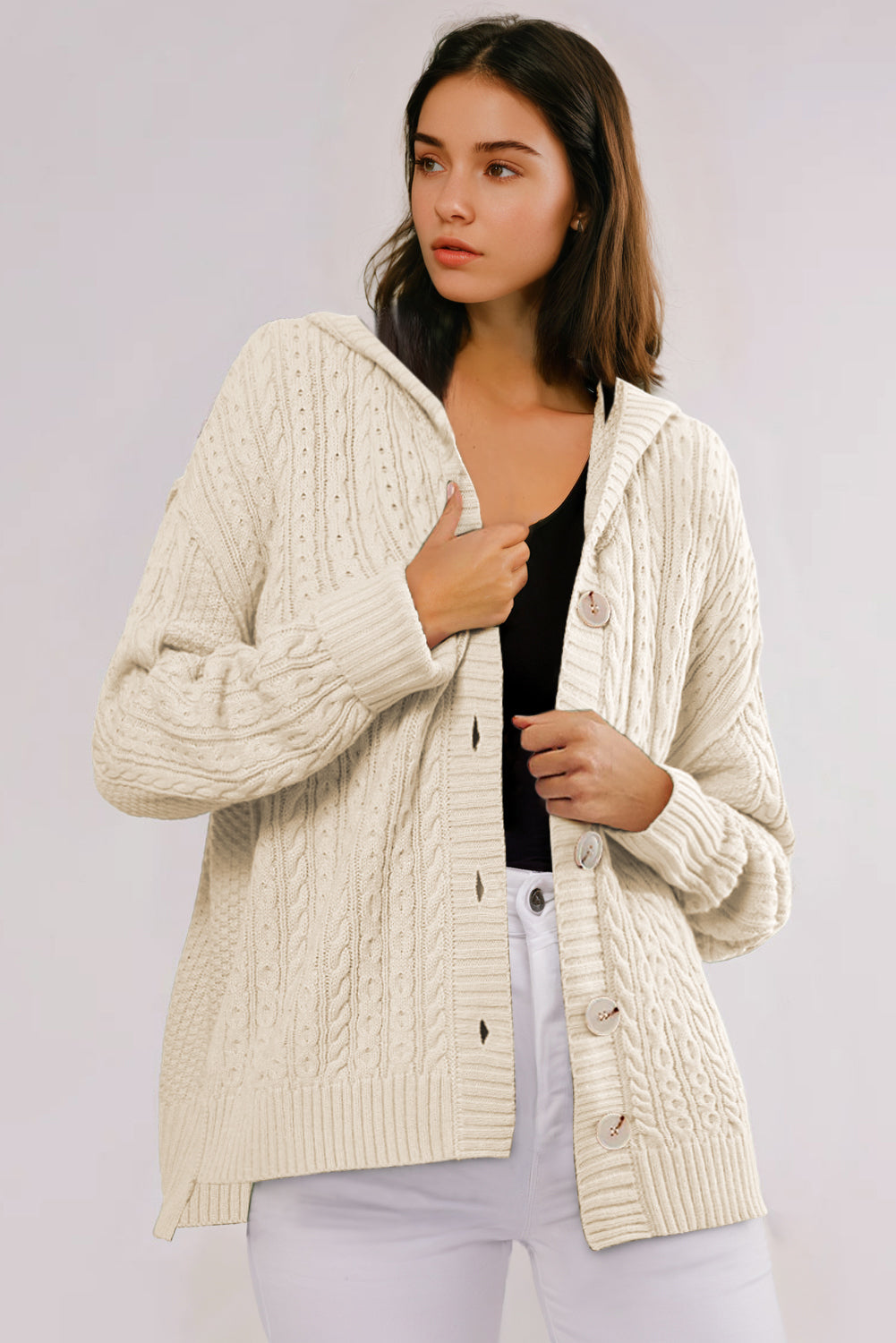 White Cable Knit Texture Uneven Hem Hooded Chic Cardigan Cardigans JT's Designer Fashion