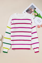 White Colorful Striped Drop Shoulder Crew Neck Sweater Sweaters JT's Designer Fashion