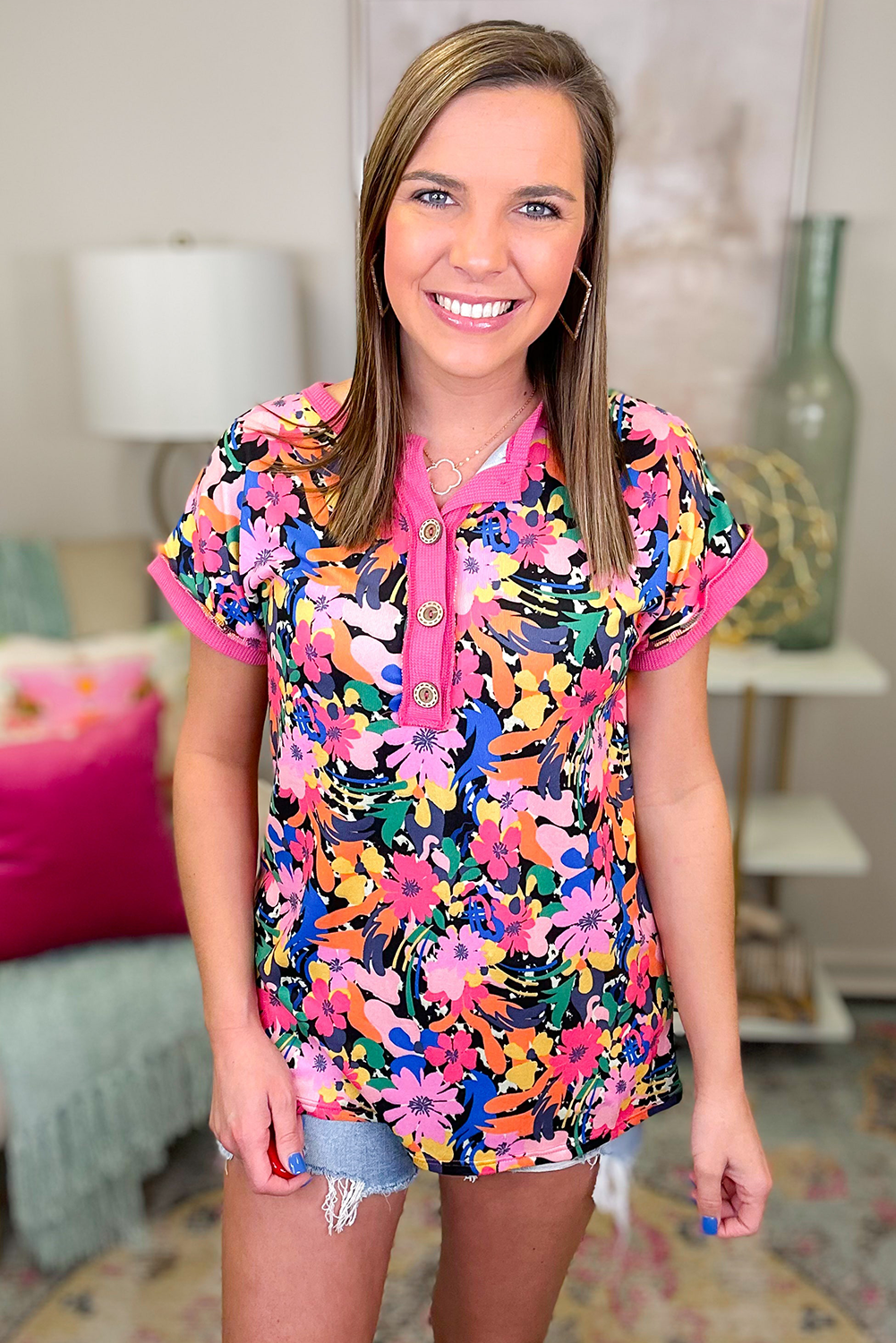 Rose Floral Short Sleeve Contrast Edge Plus Size Henley Top Plus Size Blouses & Shirts JT's Designer Fashion