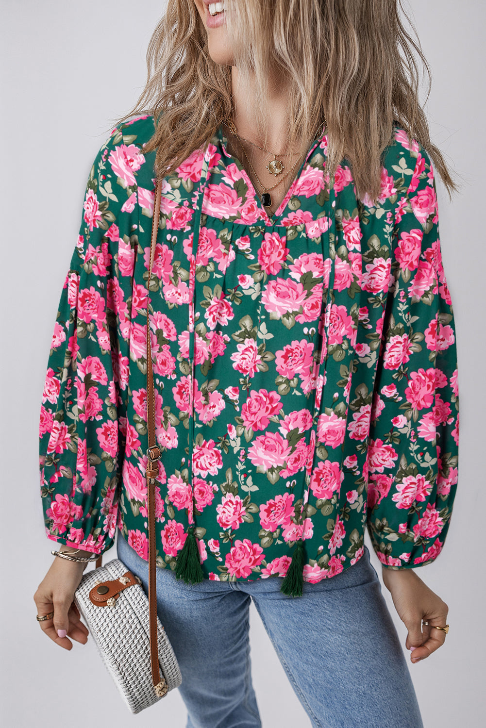 Green Floral Printed Tied Collar Puff Sleeve Blouse Blouses & Shirts JT's Designer Fashion