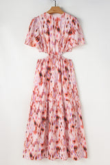 Pink Abstract Printed Flutter Sleeve Daring Cutout Long Dress Maxi Dresses JT's Designer Fashion