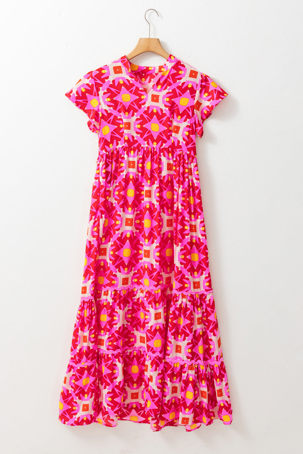 Strawberry Pink Geo Print V-neck Long Dress Maxi Dresses JT's Designer Fashion