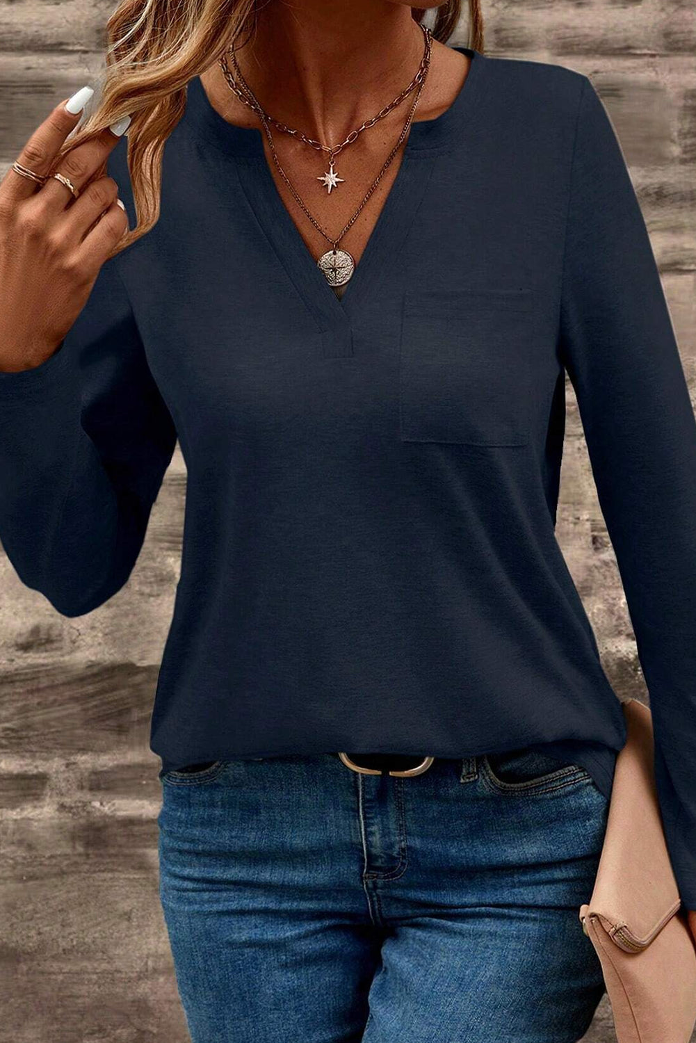 Dirty blue Notch V Neck Pocket Patched Long Sleeve T Shirt Long Sleeve Tops JT's Designer Fashion