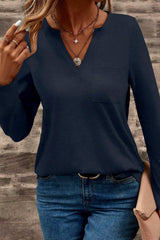 Dirty blue Notch V Neck Pocket Patched Long Sleeve T Shirt Long Sleeve Tops JT's Designer Fashion