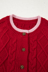 Racing Red Color Contrast Edge Cable Knit Buttoned Cardigan Cardigans JT's Designer Fashion